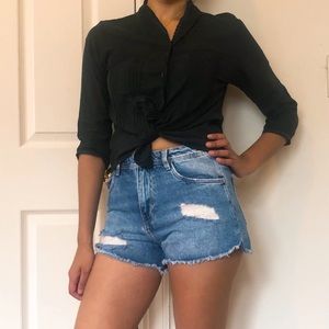 Cotton black button down boho blouse S BD